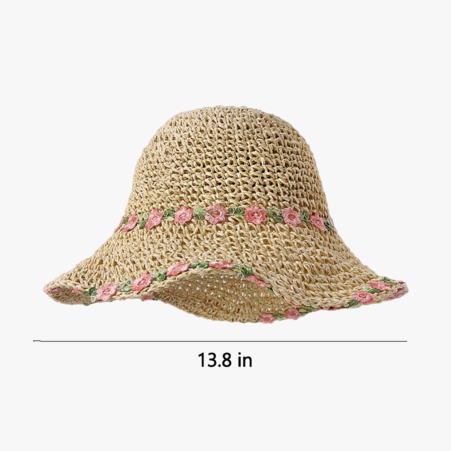 Crochet Bucket Sun Hat with Floral Embroidery and Wavy Brim Design