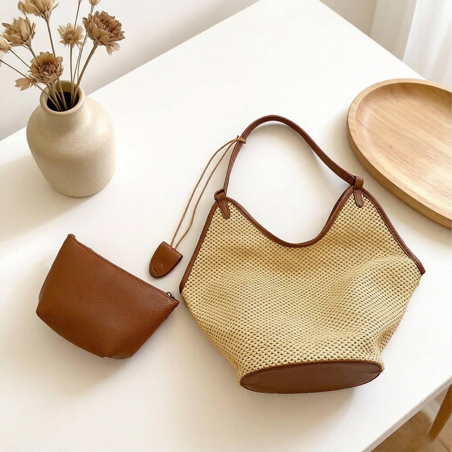 Woven Shoulder Bag with Faux Leather Trim Slouchy Hobo Handbag Lightweight Large Capacity Tote