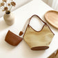 Woven Shoulder Bag with Faux Leather Trim Slouchy Hobo Handbag Lightweight Large Capacity Tote