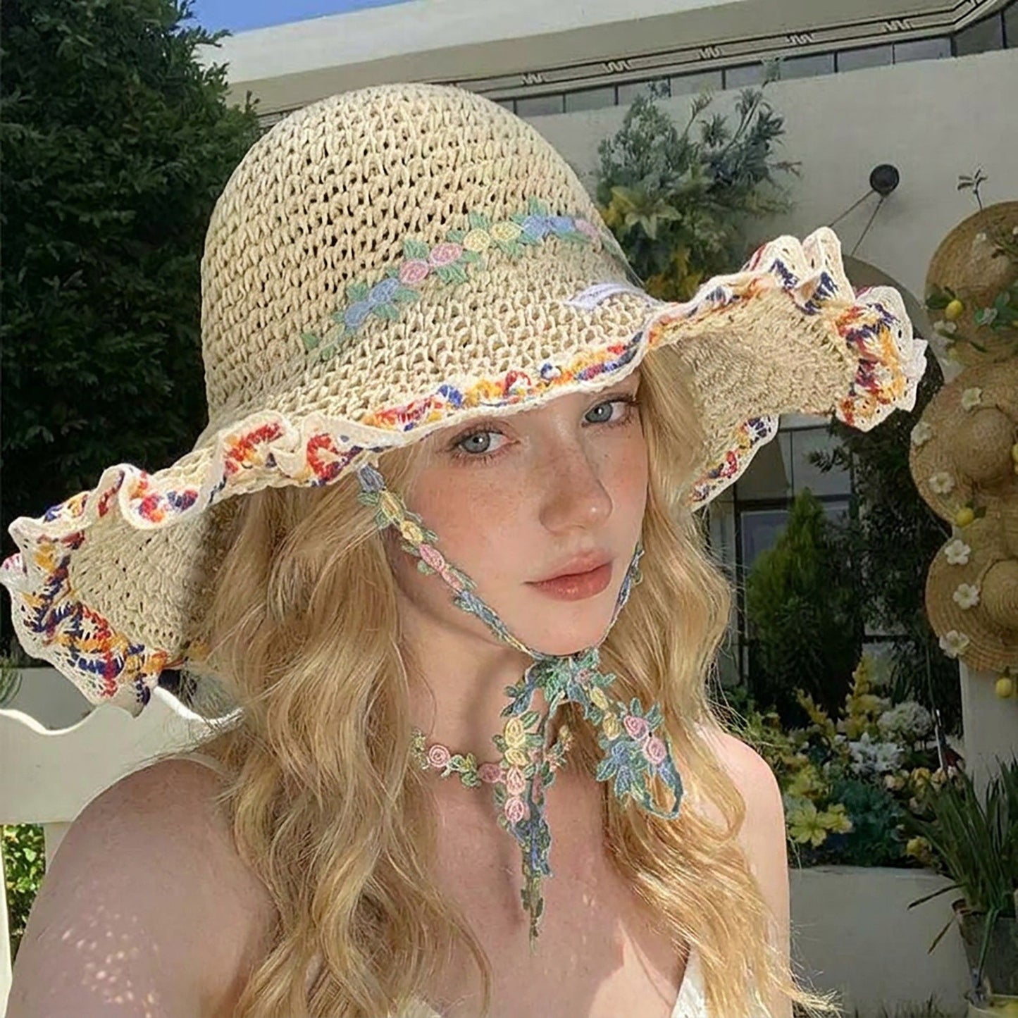 Crochet Wide Brim Sun Hat with Floral Trim Wavy Edge and Decorative Chin Strap