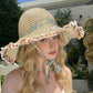 Crochet Wide Brim Sun Hat with Floral Trim Wavy Edge and Decorative Chin Strap