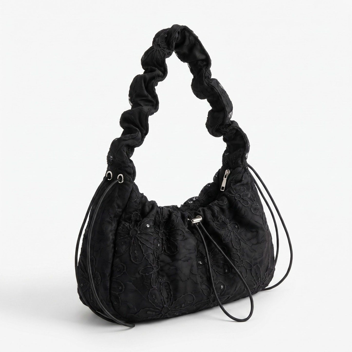 Floral Embroidered Ruched Shoulder Bag with Drawstring Closure 11x8.3x3in