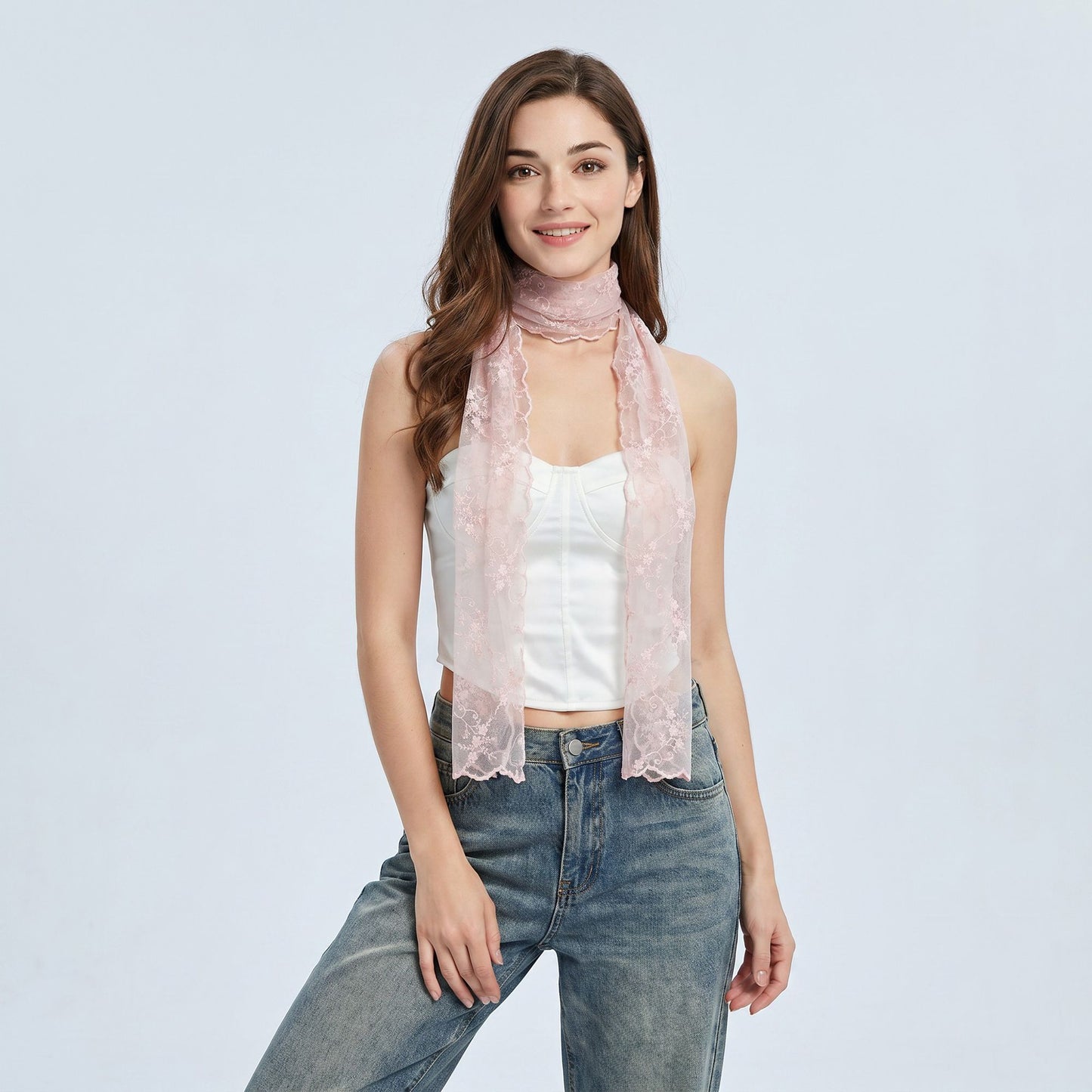Sheer Embroidered Skinny Scarf with Floral Lace Trim and Long Neck Tie Design