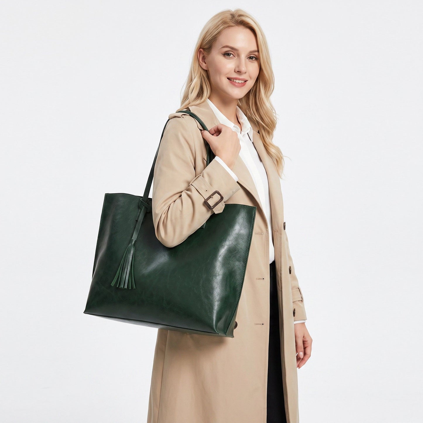 Large Faux Leather Shoulder Tote Bag with Tassel and Magnetic Snap Closure