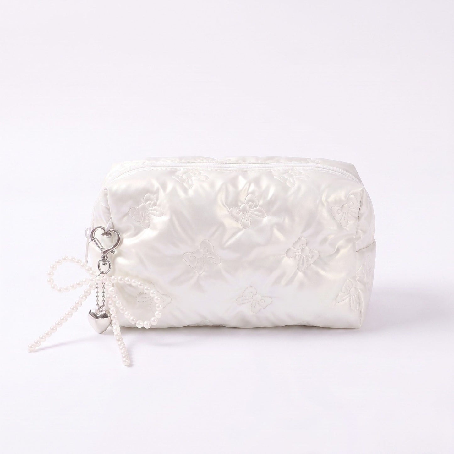 Womens Quilted Bow Makeup Bag with Pearl Charm Cosmetic Pouch