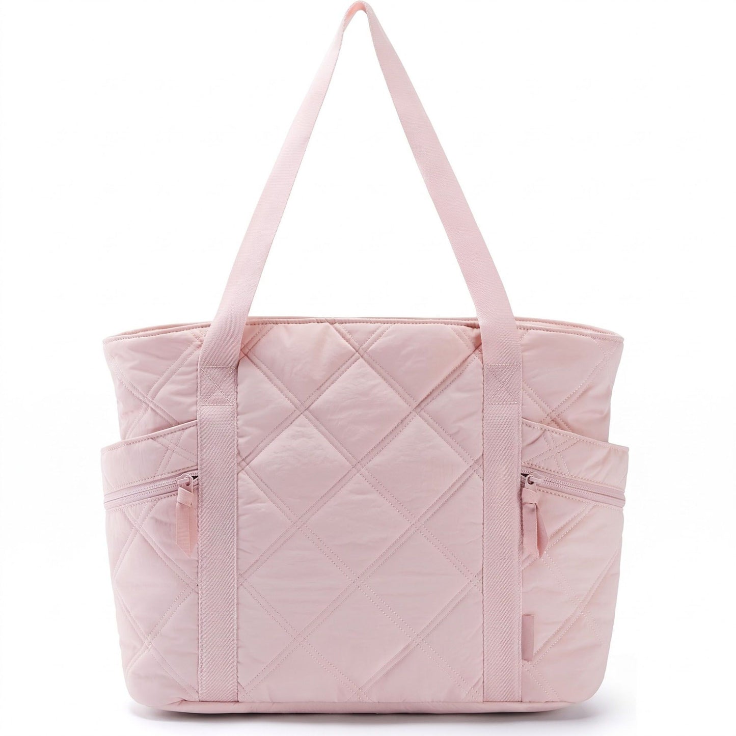 Oversized Quilted Tote Bag with Exterior Zip Pockets and Long Shoulder Straps 15.5x12.5x6.5in