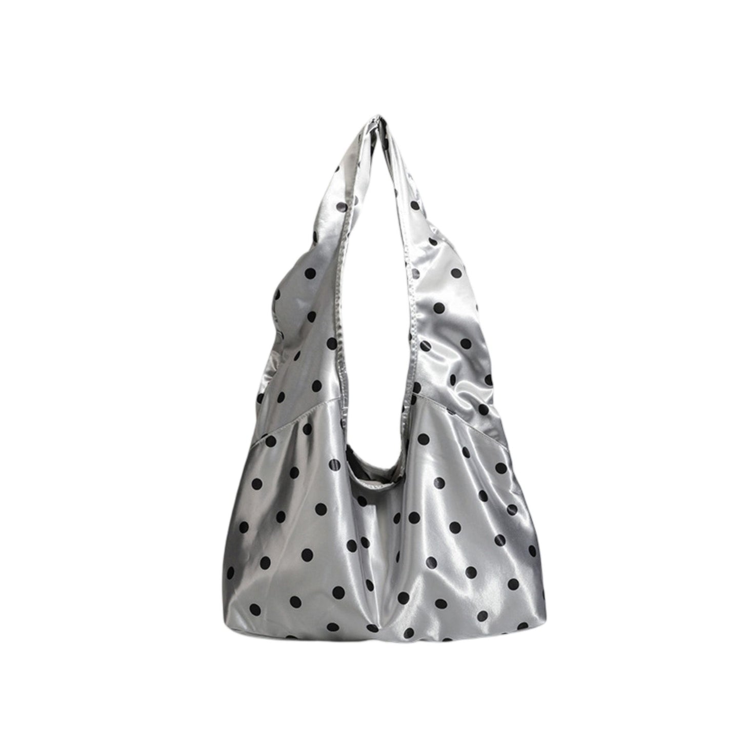 Silver Polka Dot Satin Tote Bag, Lightweight Slouchy Shoulder Bag for Women