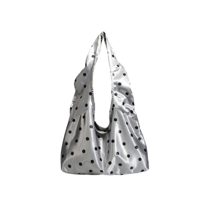 Silver Polka Dot Satin Tote Bag, Lightweight Slouchy Shoulder Bag for Women