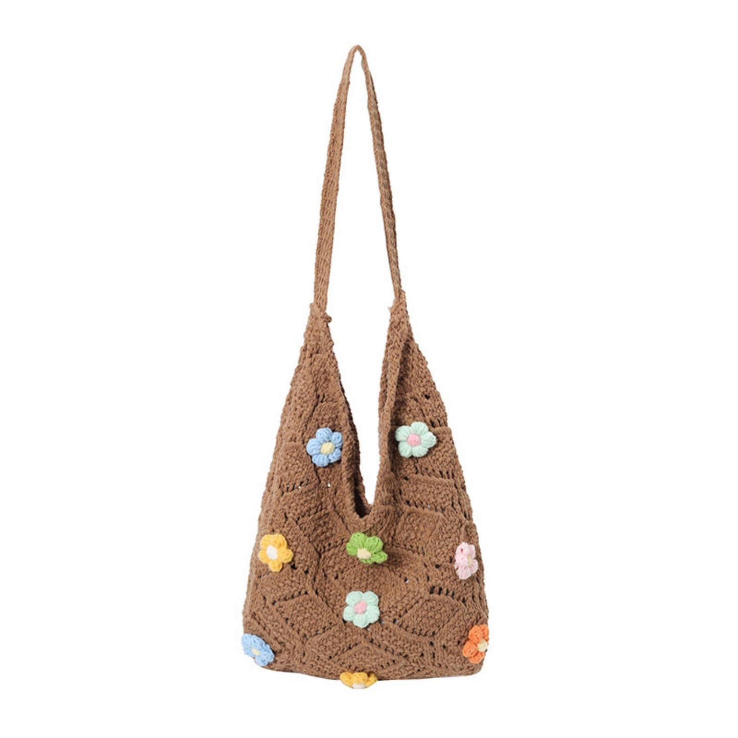 Women's Crochet Woven Shoulder Bag with Floral Applique Open Knit Hobo Design