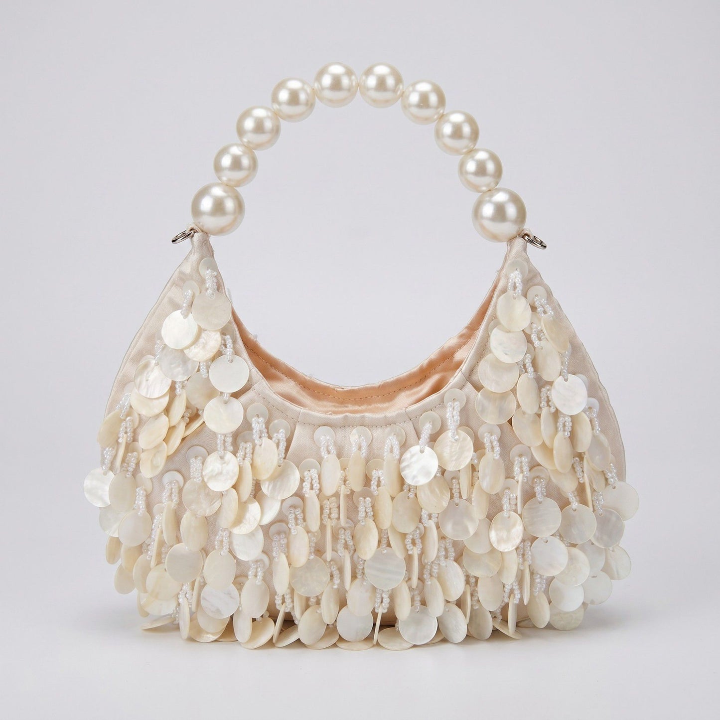 Shell Disc Embellished Shoulder Bag with Faux Pearl Handle Beaded Fringe Handbag 9.5x4.5x0.6 in
