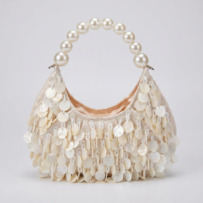 Shell Disc Embellished Shoulder Bag with Faux Pearl Handle Beaded Fringe Handbag 9.5x4.5x0.6 in