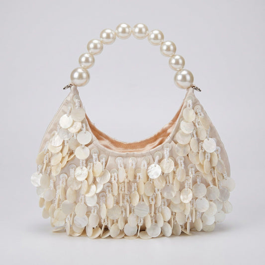 Shell Disc Embellished Shoulder Bag with Faux Pearl Handle Beaded Fringe Handbag 9.5x4.5x0.6 in