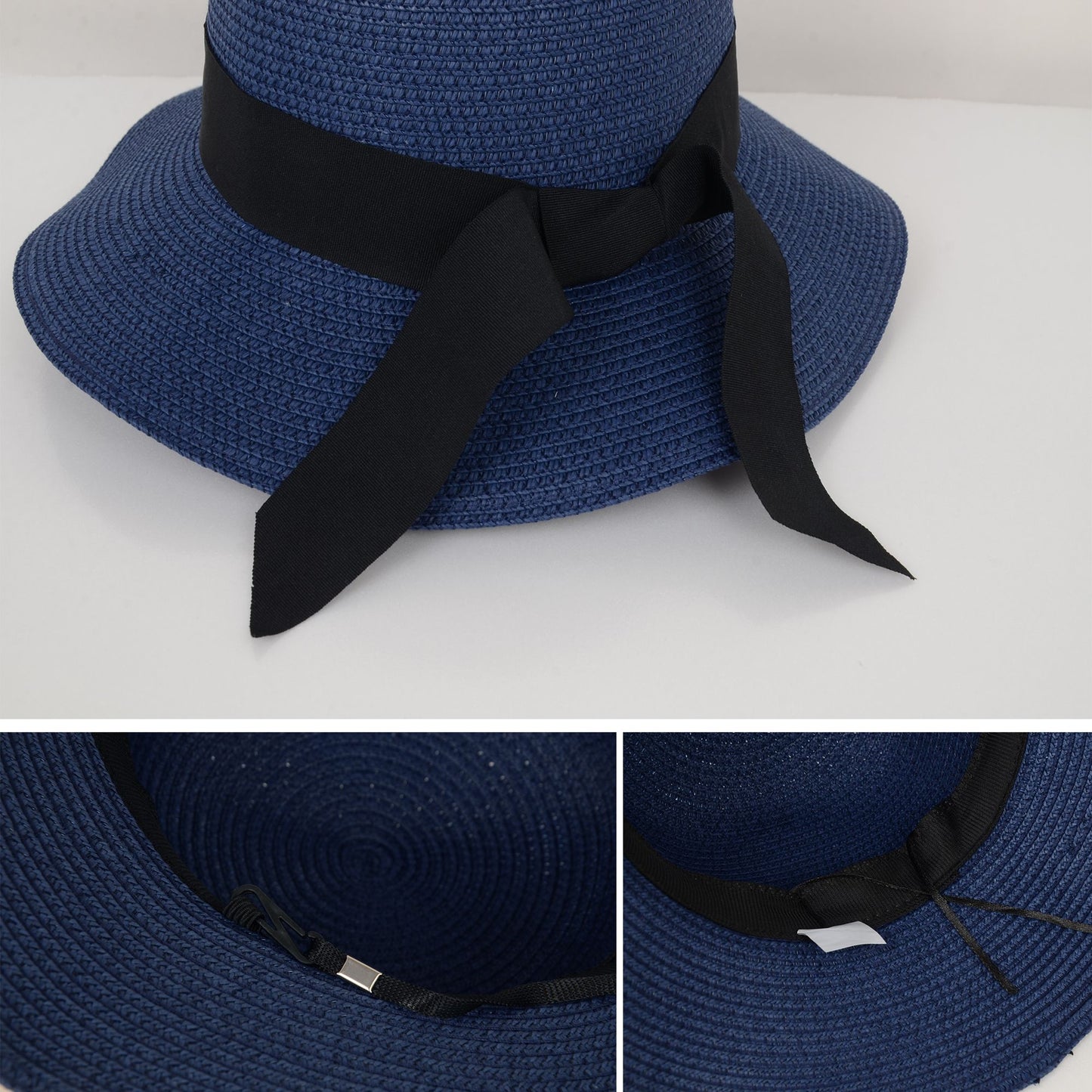 Wide Brim Straw Sun Hat with Black Ribbon Bow Adjustable Chin Strap Inner Sweatband for Outdoor and Travel Use
