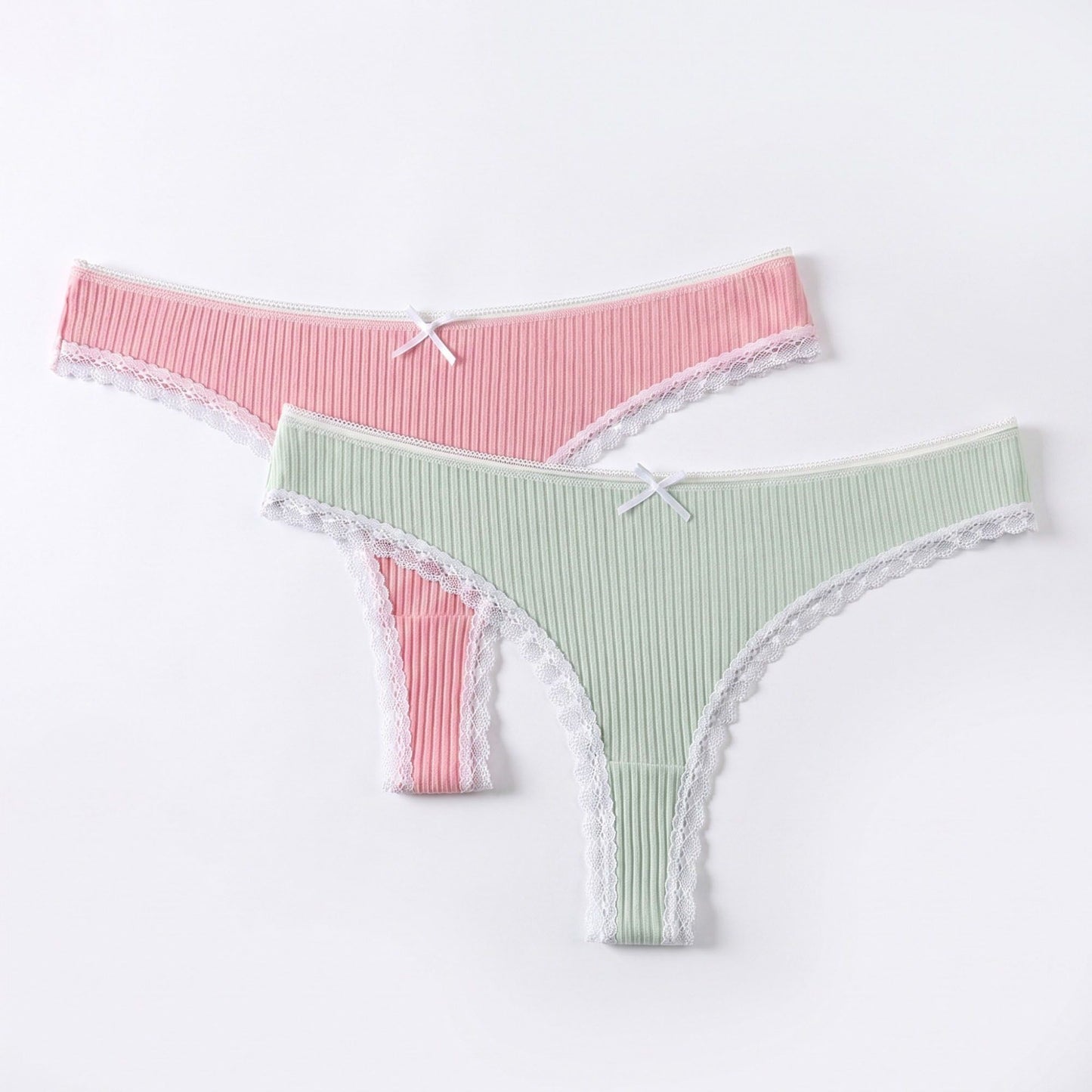 2 Pack Ribbed Lace Trim Thong Underwear