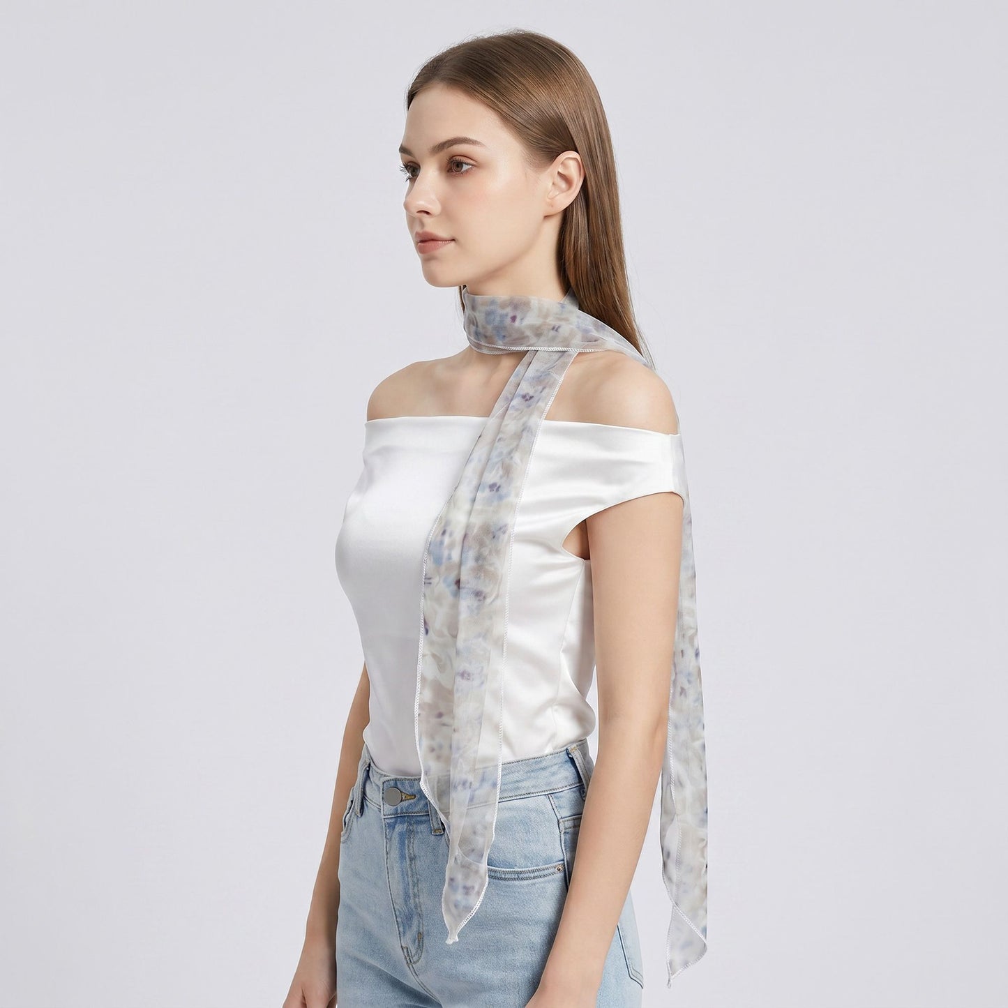 Lightweight Sheer Skinny Scarf with Marble Print and Finished Edge Detail