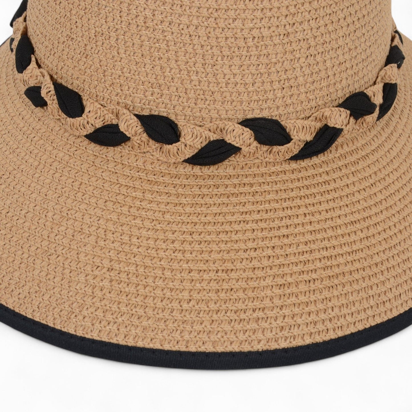 Women's Wide Brim Straw Hat with Braided Band and Contrast Bow Detail