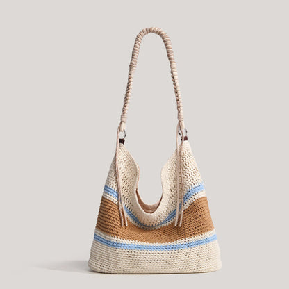 Woven Crochet Straw Beach Tote Bag Striped Vacation Shoulder Bag Bohemian Summer Hobo Purse