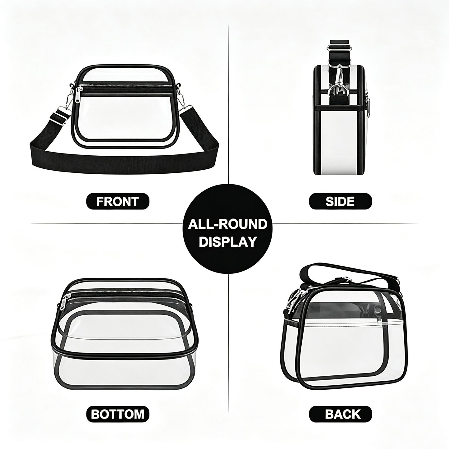 Clear Stadium Crossbody Bag with Front Zipper Pocket, Adjustable Strap and Medium Transparent Design