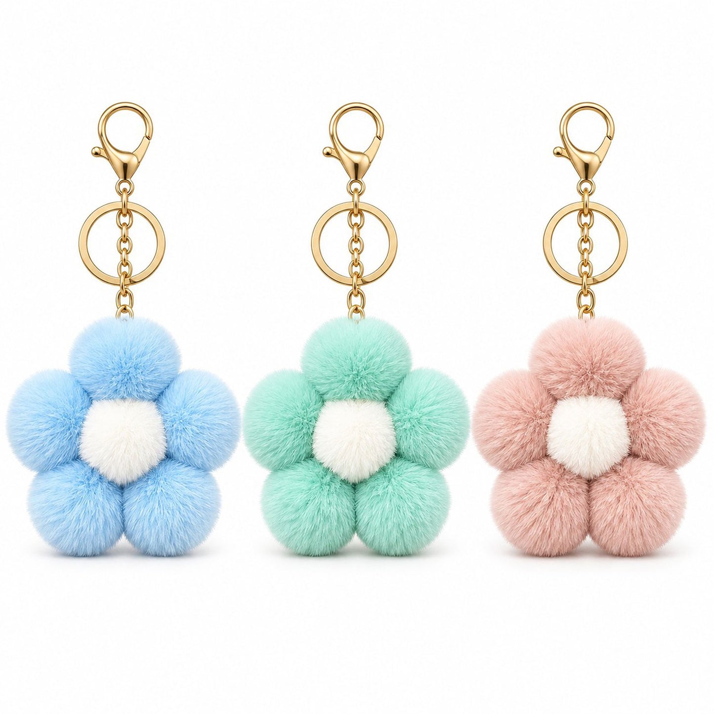 Fluffy Flower Pom Pom Keychain Cute Faux Fur Bag Charm Set