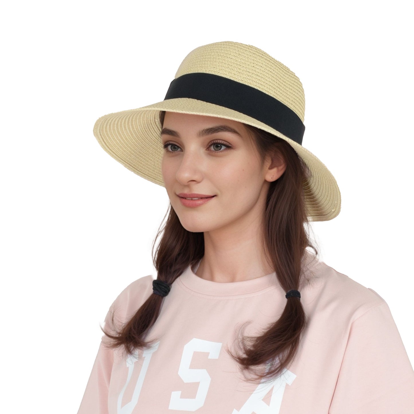 Wide Brim Straw Sun Hat with Black Ribbon Bow Adjustable Chin Strap Inner Sweatband for Outdoor and Travel Use