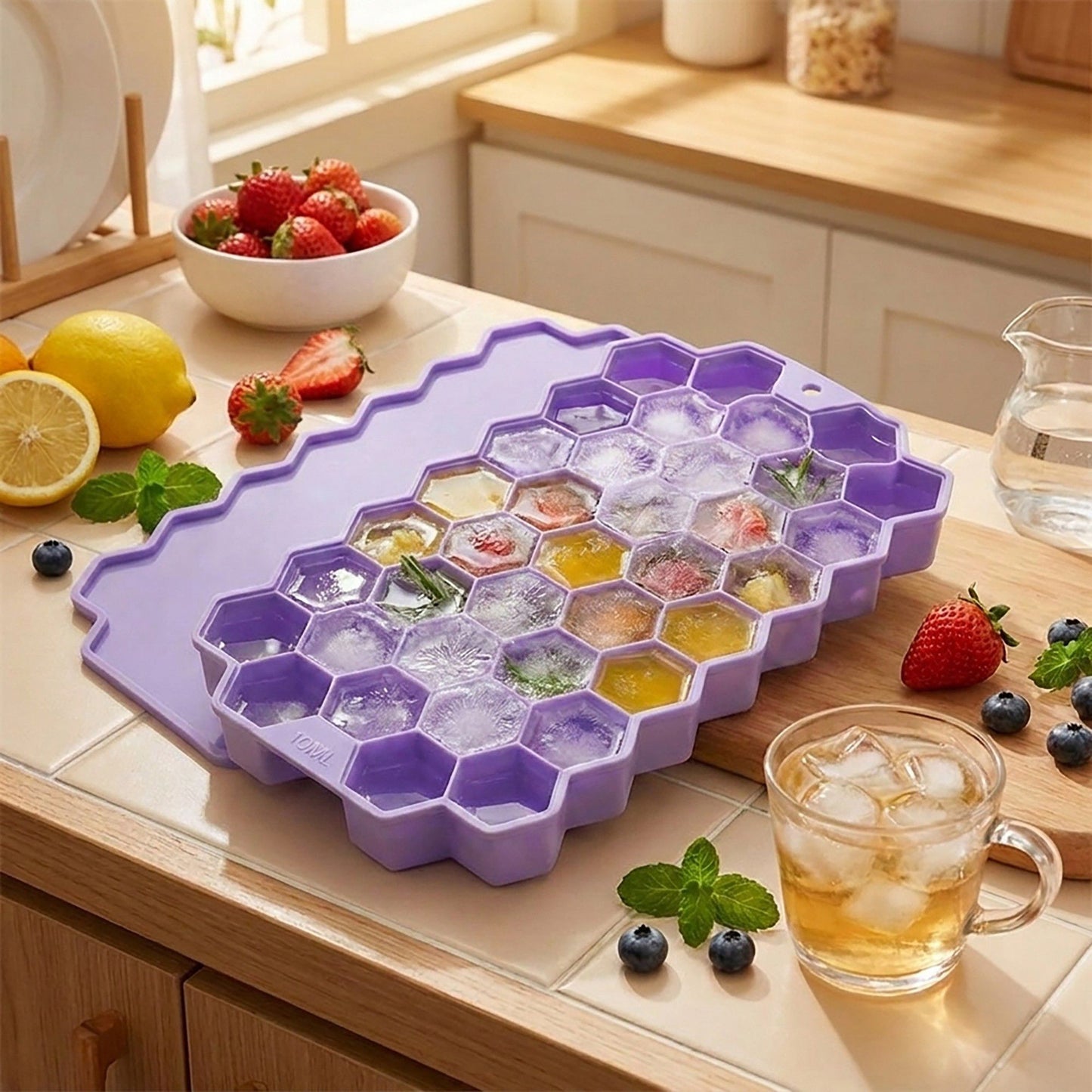 2-Piece Honeycomb Ice Cube Tray - 37-Grid Flexible Mold with Spill-Resistant Lid
