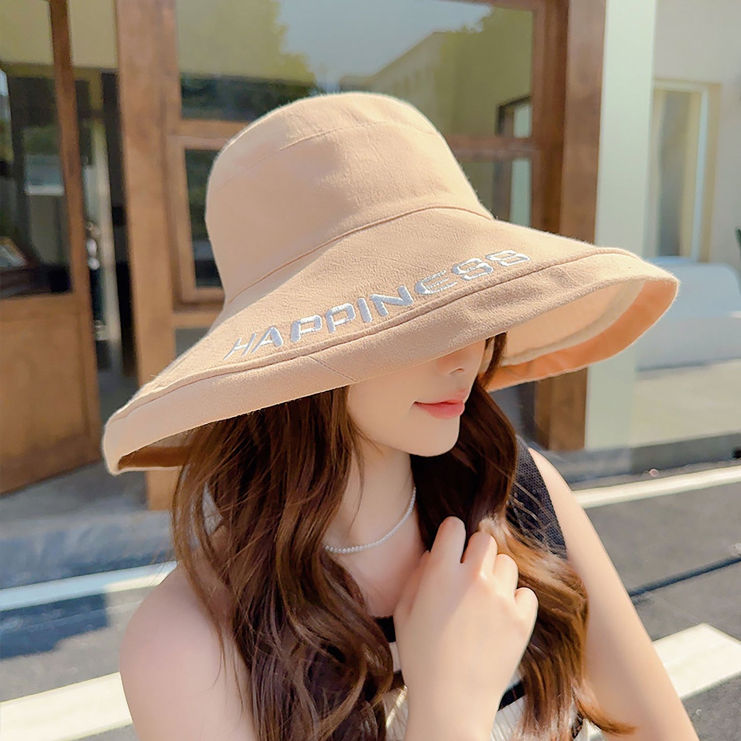 Women's HAPPINESS Embroidered Wide - Brim Bucket Hat