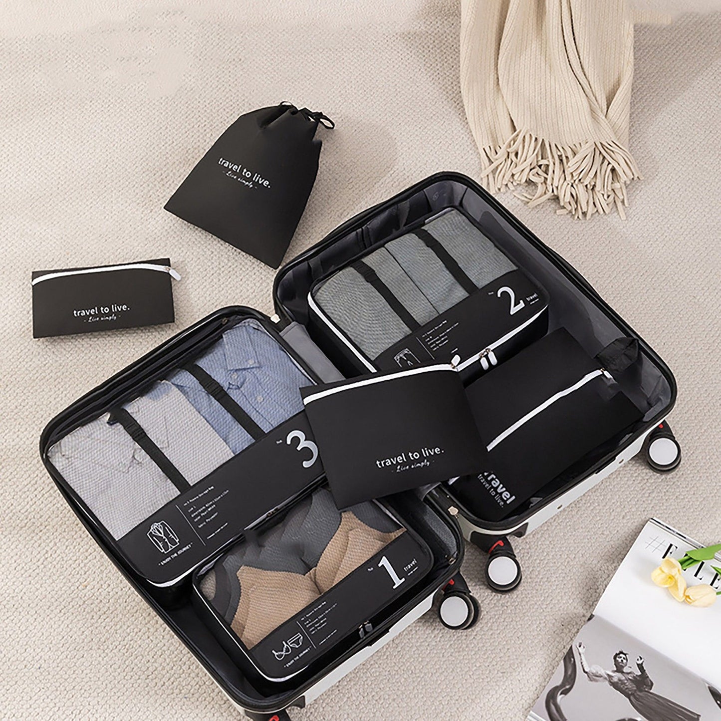 Travel Packing Cube Set with Mesh Organizer Bags Zipper Pouches Drawstring Storage Lightweight Luggage Set
