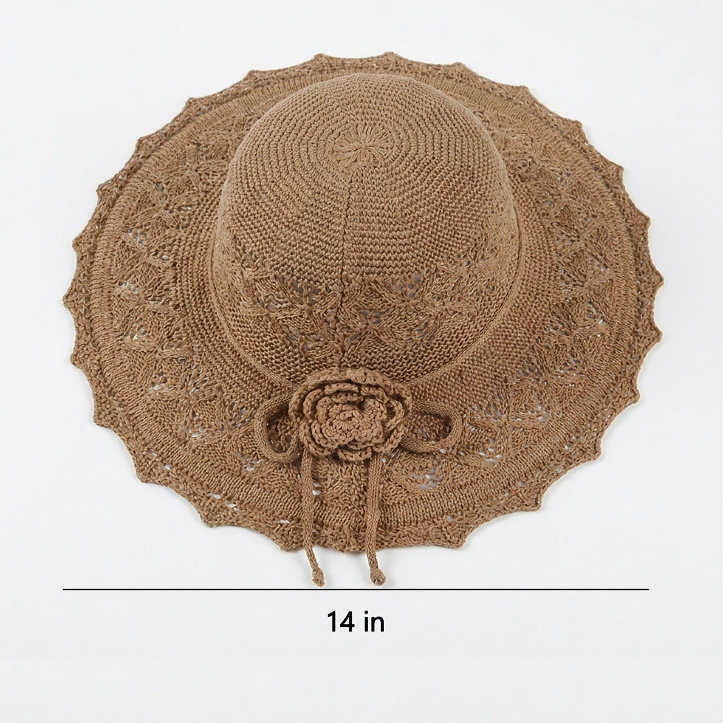 Crochet Wide Brim Sun Hat with Scalloped Edge Floral Accent and Chin Strap