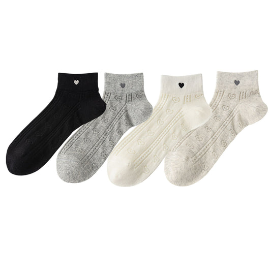 4 Pairs Heart Pattern Breathable Short Crew Socks Soft Stretch Knit Design Multiple Color Options