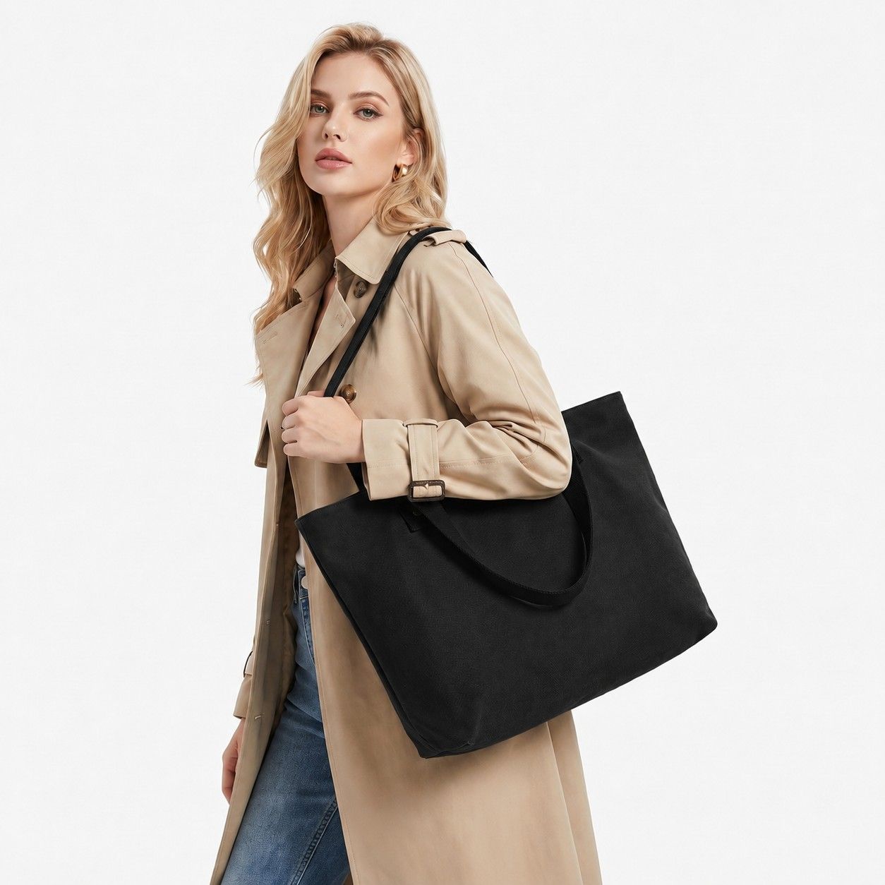 Large Canvas Tote Bag with Zip Closure Shoulder Straps for Work and Travel