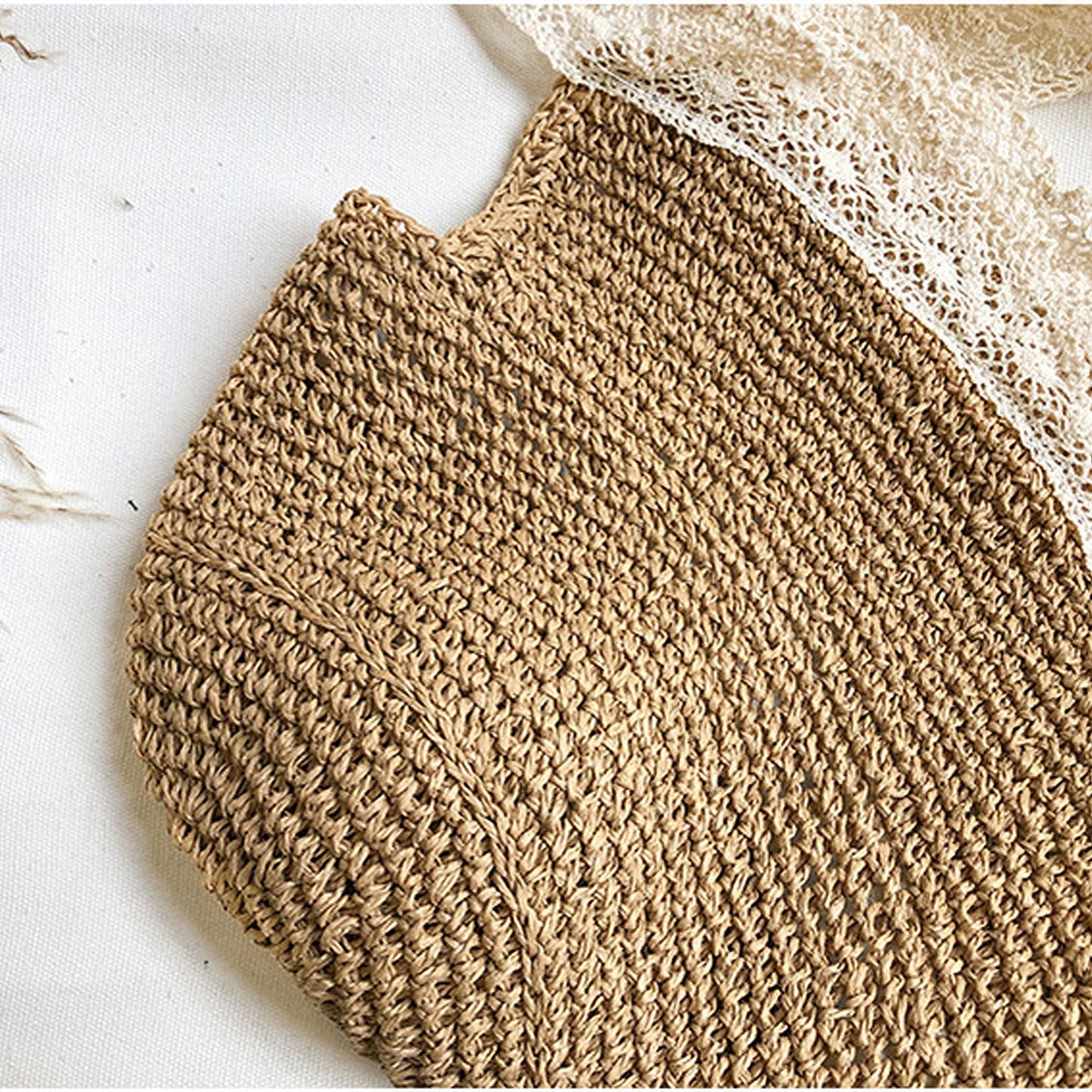 Women's Crochet Straw Hat with Lace Trim and Bow Detail