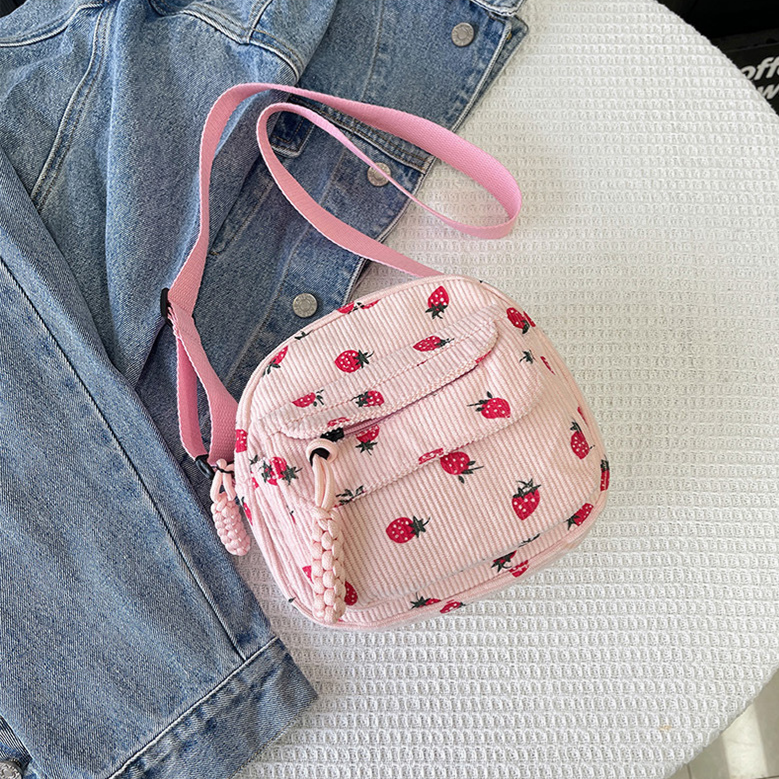 Strawberry Print Corduroy Crossbody Bag with Front Pocket and Adjustable Strap