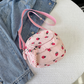 Strawberry Print Corduroy Crossbody Bag with Front Pocket and Adjustable Strap