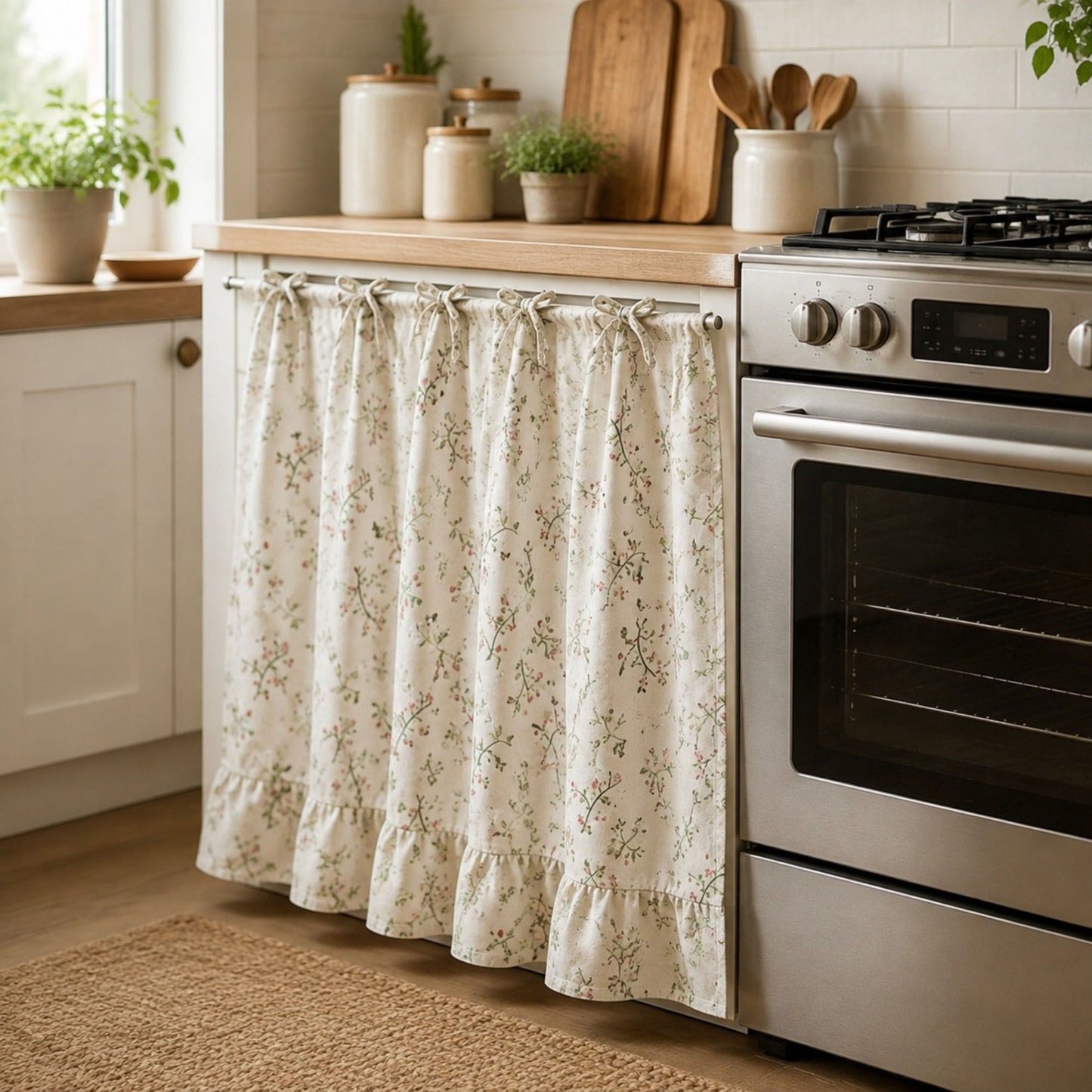 Handmade Farmhouse Floral Tie Top Cabinet Curtain Decor