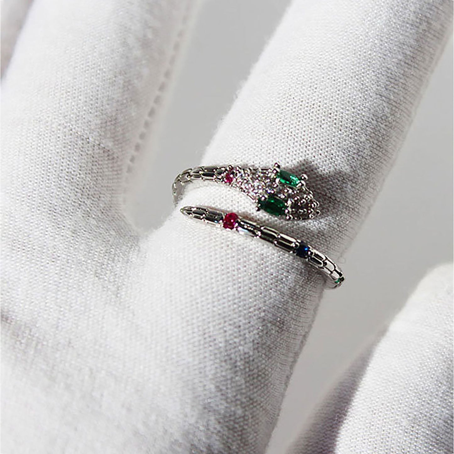 Women's Snake Statement Ring with Multi-Color Crystals - Adjustable Brass Animal Ring