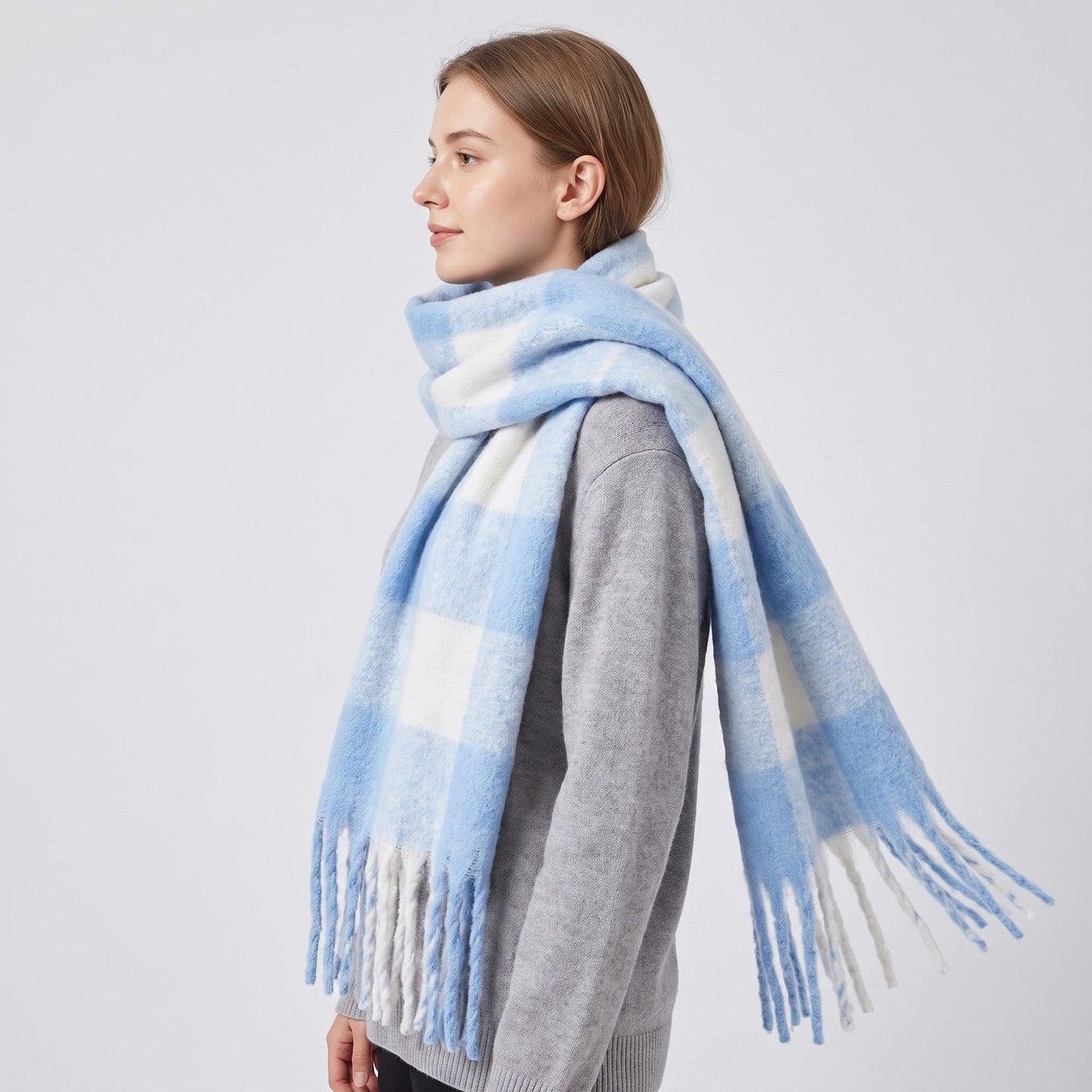 Oversized Plaid Scarf with Fringe Soft Brushed Winter Wrap