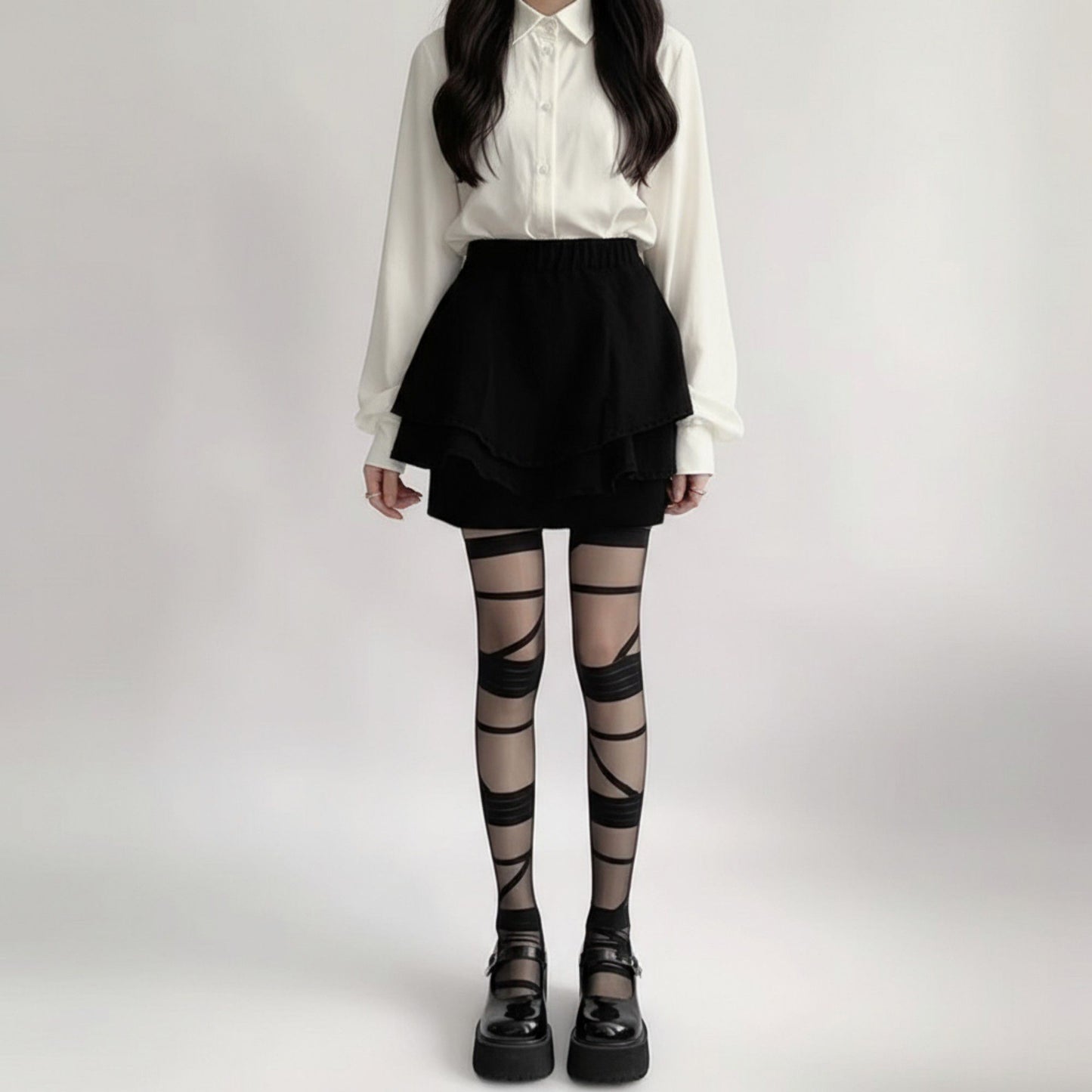 Sheer Tights with Wrapped Ribbon Illusion and Gothic Layered Design