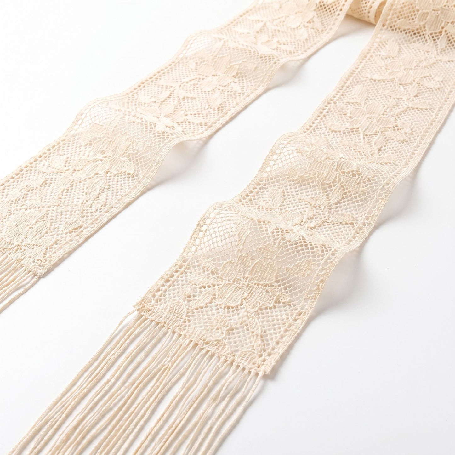 Lace Skinny Scarf with Floral Pattern Fringe Trim and Long Neck Tie Design