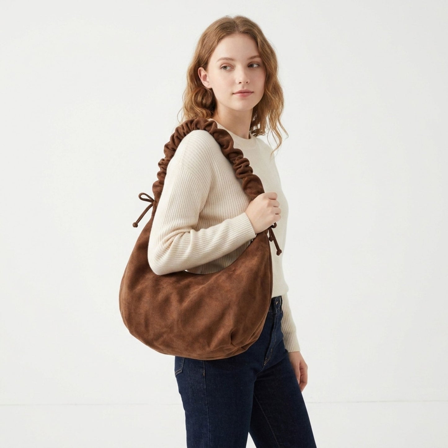 Faux Suede Hobo Shoulder Bag Ruched Strap Zipper Closure Everyday Purse