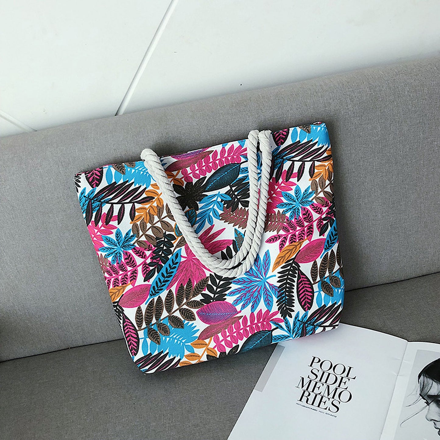 Tropical Leaf Print Canvas Tote Bag - Large Capacity Shoulder Bag