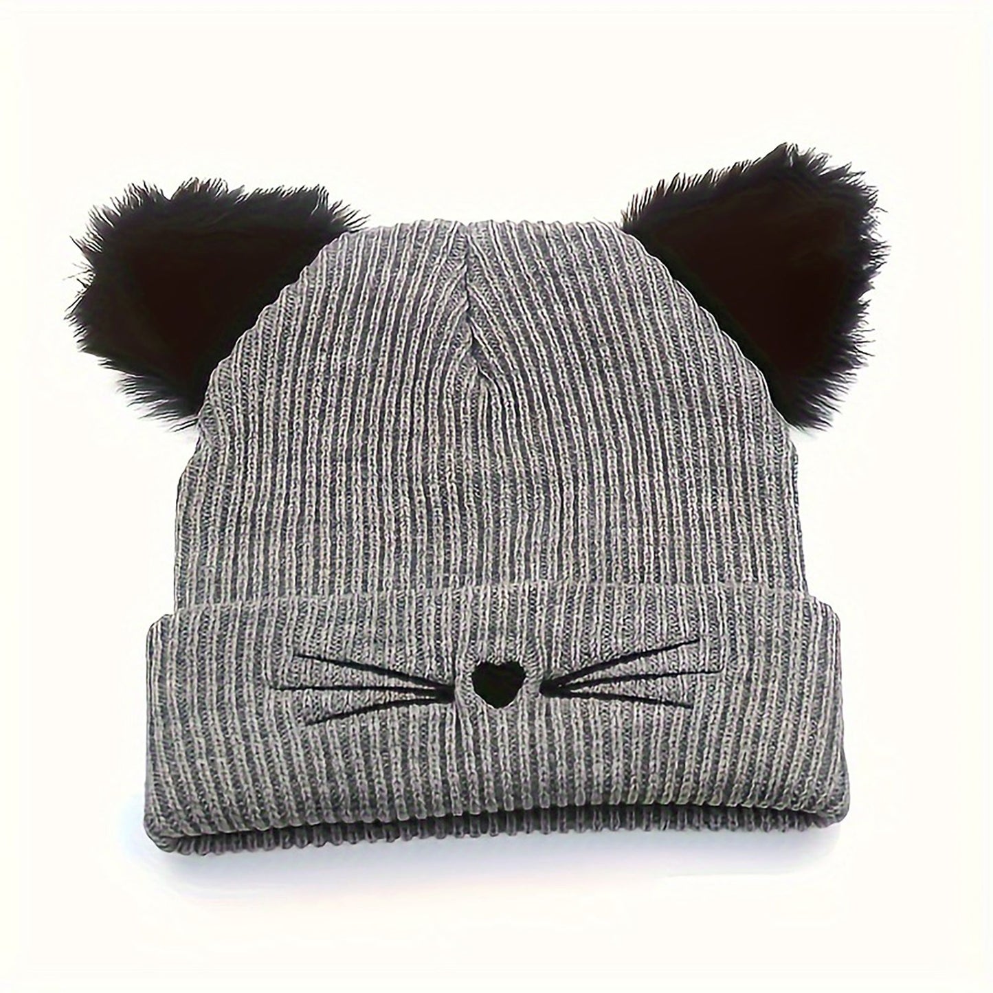Cat Ear Knit Beanie - Faux Fur Ears with Valentine Heart Whisker Embroidery for Cute Casual Winter Wear