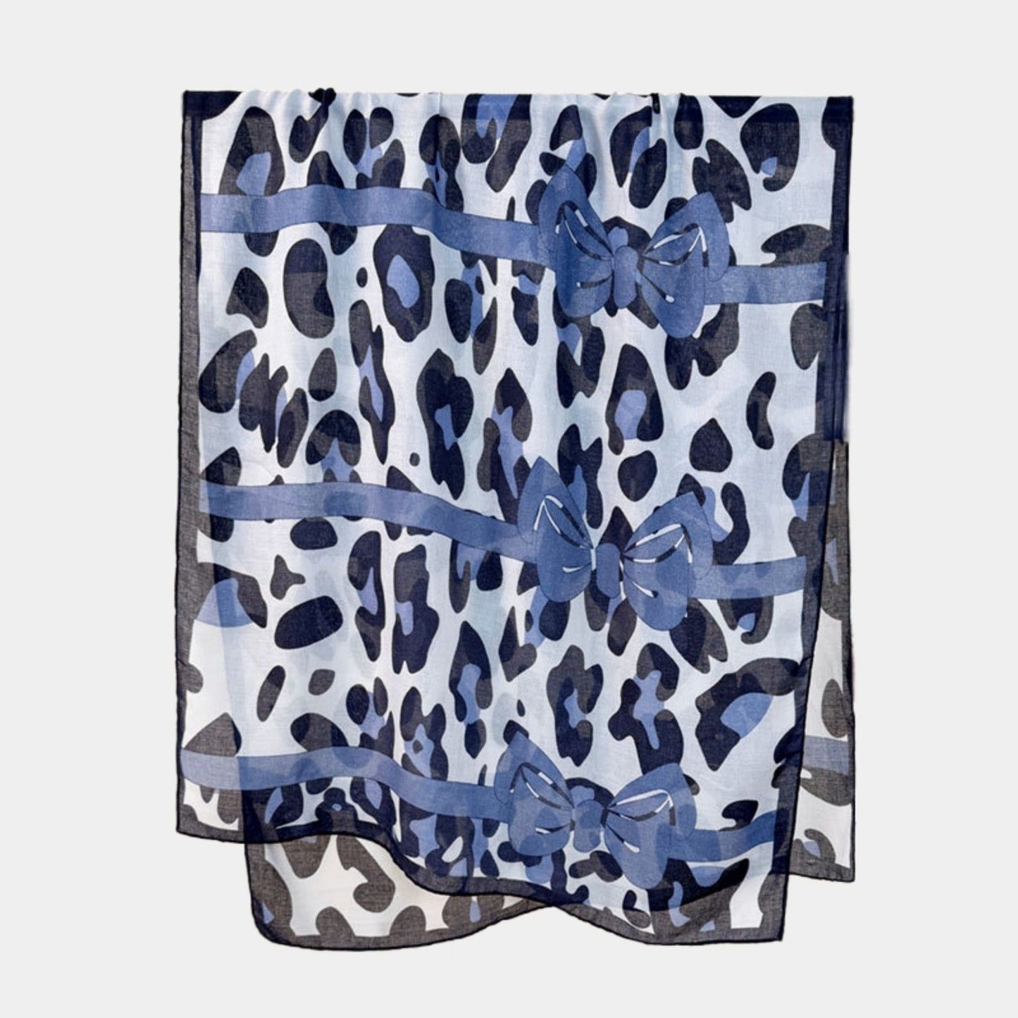 Leopard Print Lightweight Scarf with Bow Accent Stripes and Sheer Draped Fabric for Effortless Everyday Style 33.5x71in