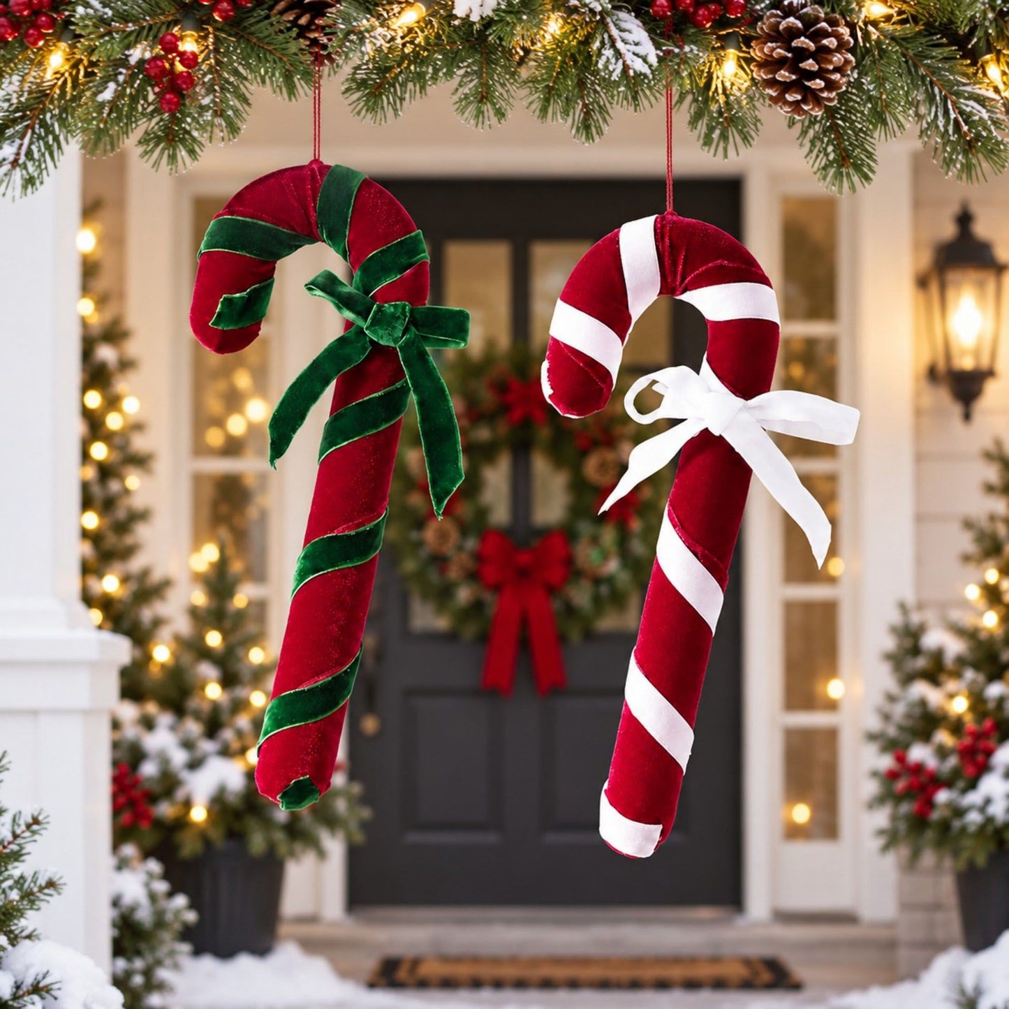 2ct Christmas Candy Cane Hanging Decorations with Bows Red Green and White