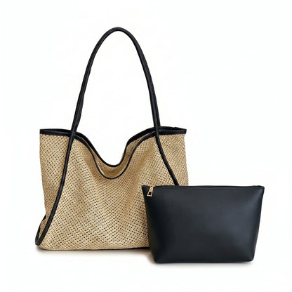 Woven Straw Tote Bag with Shoulder Straps Lightweight Crochet Knit Tote with Pouch