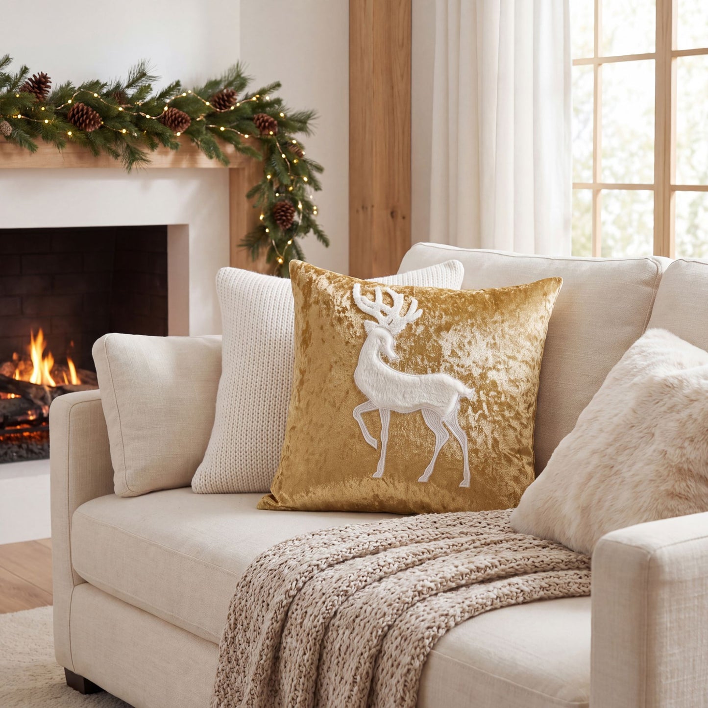 Christmas Reindeer Embroidered Velvet Throw Pillow Cover Gold Holiday Decor