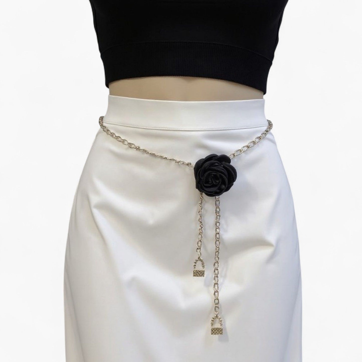 Rose Flower Chain Belt with Hanging Lock Charms and Adjustable Drape Design 45.5in