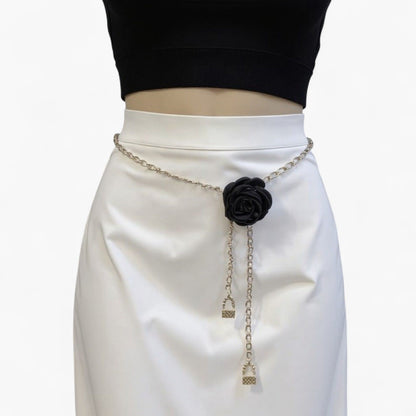 Rose Flower Chain Belt with Hanging Lock Charms and Adjustable Drape Design 45.5in