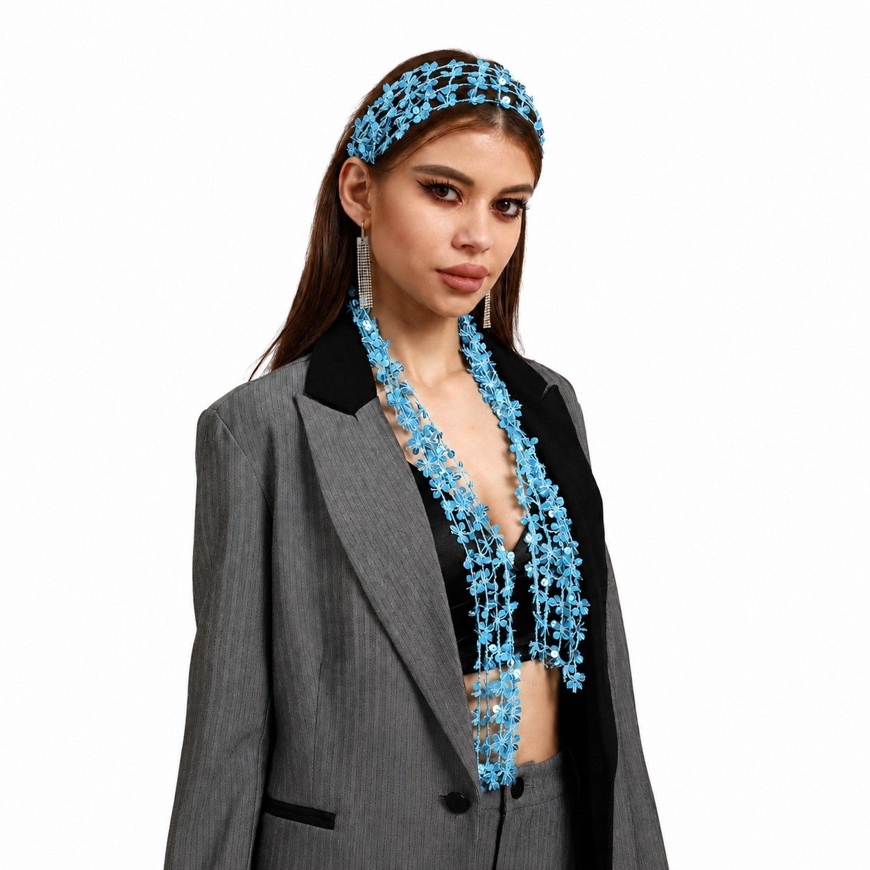 Sequin Floral Skinny Scarf Mesh Neck Wrap