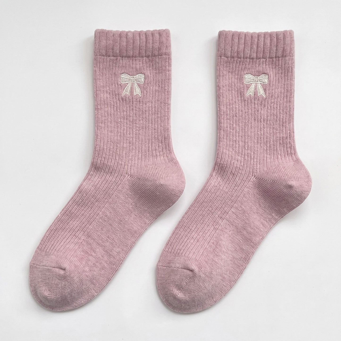 3-Pair Bow Embroidered Crew Socks Set, Ribbed Knit Casual Hosiery