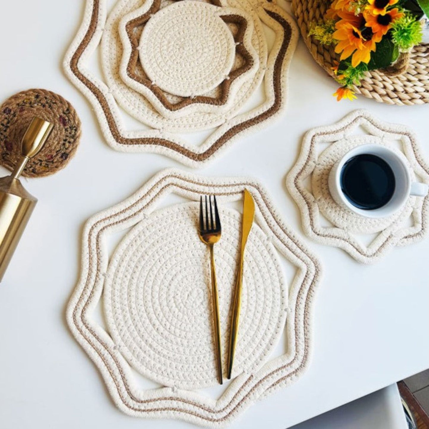 Woven Cotton Cord Octagonal Placemat and Coaster 2-Piece Set